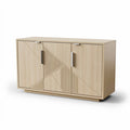 **Technische titel in het Nederlands: Modern houten dressoir met geometrisch patroon en metalen handgrepen**