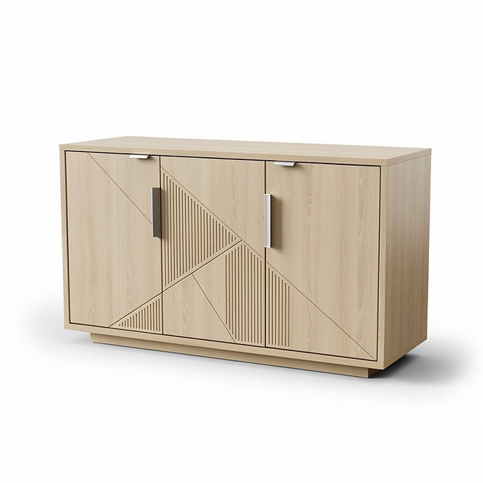 **Technische titel in het Nederlands: Modern houten dressoir met geometrisch patroon en metalen handgrepen**