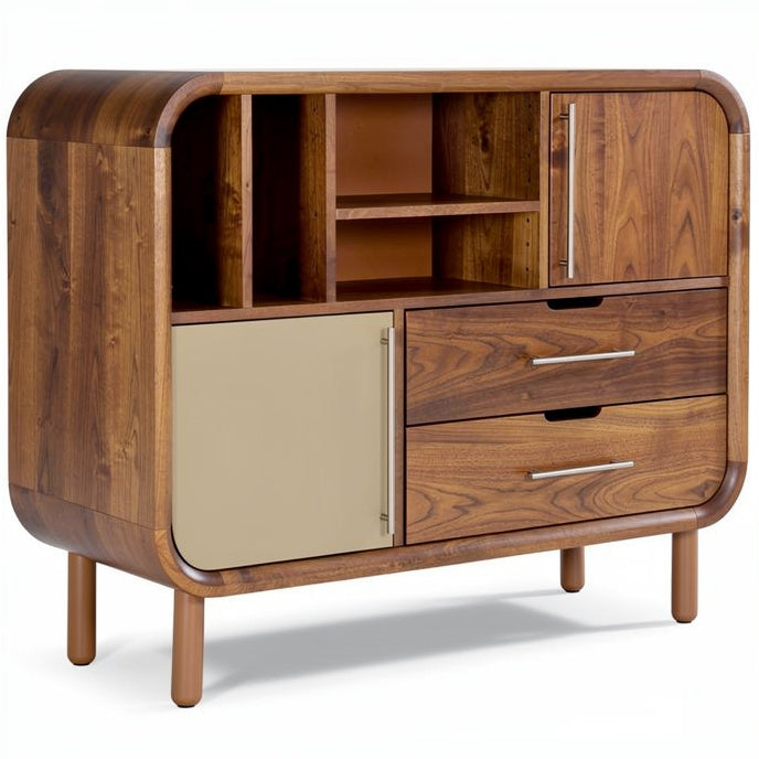 **Titel in het Nederlands: Moderne houten dressoir met afgeronde hoeken en opbergruimte**