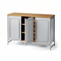 **Technische titel in het Nederlands:** Moderne opbergkast met houten blad en metalen deuren