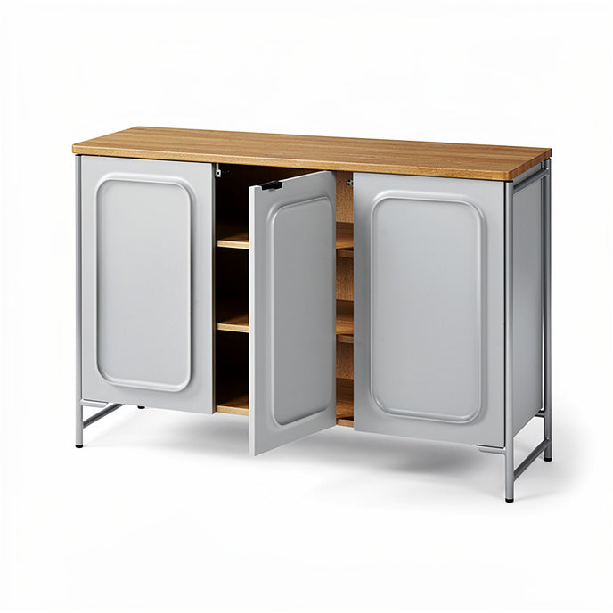 **Technische titel in het Nederlands:** Moderne opbergkast met houten blad en metalen deuren