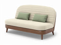 **Moderne bank met houten onderstel en gestreepte bekleding**