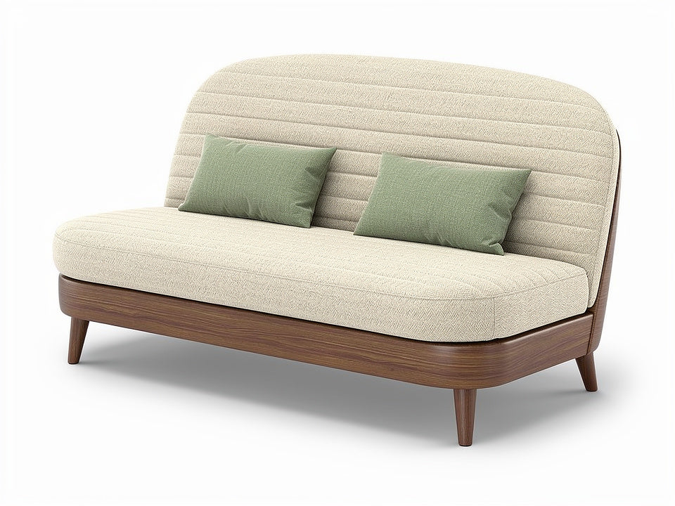 **Moderne bank met houten onderstel en gestreepte bekleding**