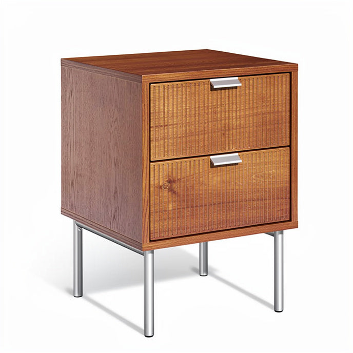 **Moderne nachtkast met houten afwerking en metalen poten**